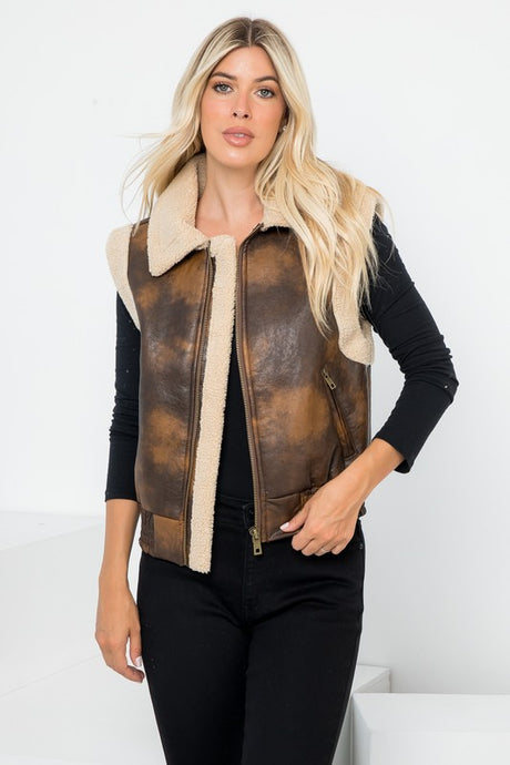 Brown Tan Vegan Leather Shearling Zip Up Vest