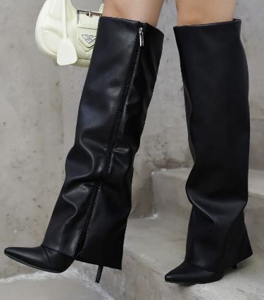 Black Womens Pointy Knee High Stiletto High Heel Boots