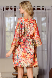 Coral/Beige Kimono Tie Back Waisted Mini Dress