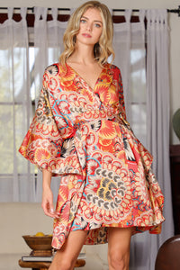 Coral/Beige Kimono Tie Back Waisted Mini Dress