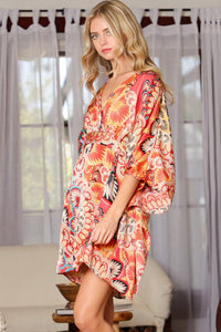 Coral/Beige Kimono Tie Back Waisted Mini Dress