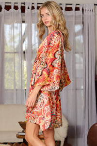 Coral/Beige Kimono Tie Back Waisted Mini Dress