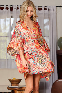 Coral/Beige Kimono Tie Back Waisted Mini Dress