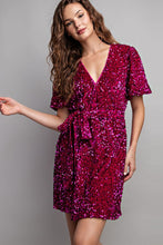 Hot Pink Short Sleeve Sequin Wrap Mini Dress