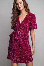 Hot Pink Short Sleeve Sequin Wrap Mini Dress