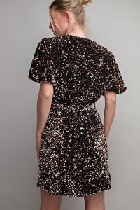 Black Short Sleeve Sequin Wrap Mini Dress