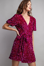 Hot Pink Short Sleeve Sequin Wrap Mini Dress