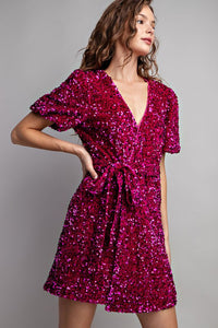 Hot Pink Short Sleeve Sequin Wrap Mini Dress