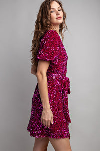 Hot Pink Short Sleeve Sequin Wrap Mini Dress