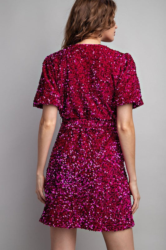Hot Pink Short Sleeve Sequin Wrap Mini Dress Aquarius Brand Hot Pink Short Sleeve Sequin Wrap Mini Dress Aquarius Brand