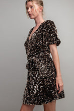 Black Short Sleeve Sequin Wrap Mini Dress