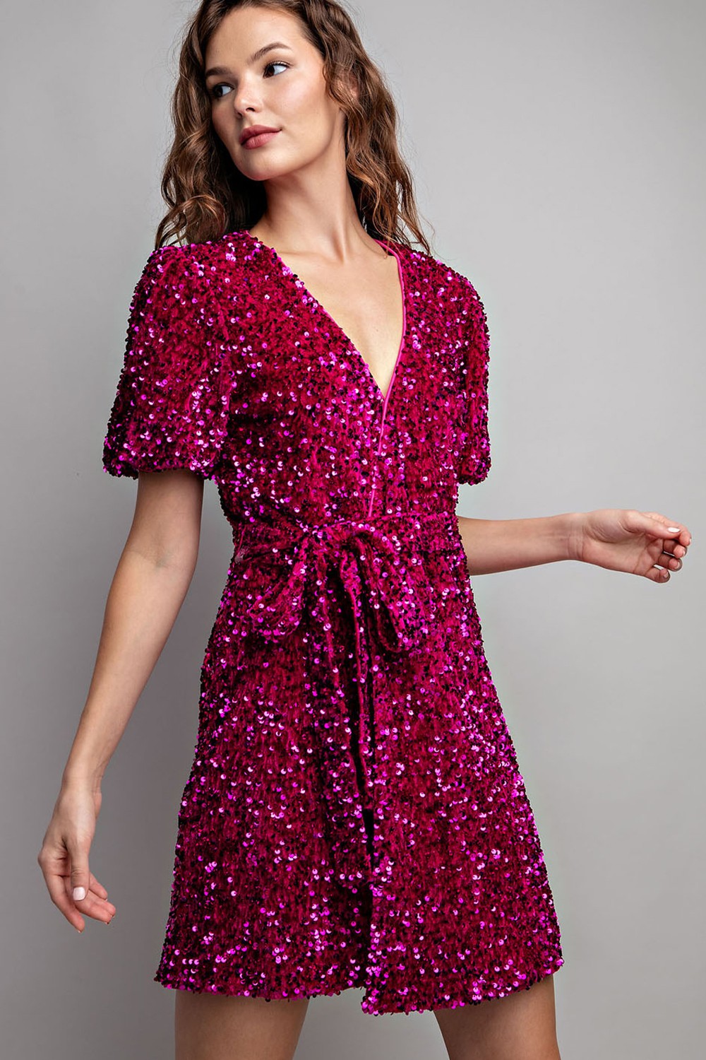 Hot Pink Short Sleeve Sequin Wrap Mini Dress Aquarius Brand Hot Pink Short Sleeve Sequin Wrap Mini Dress Aquarius Brand