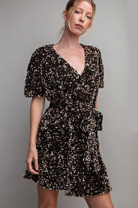 Black Short Sleeve Sequin Wrap Mini Dress