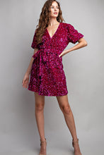 Hot Pink Short Sleeve Sequin Wrap Mini Dress