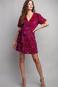 Hot Pink Short Sleeve Sequin Wrap Mini Dress