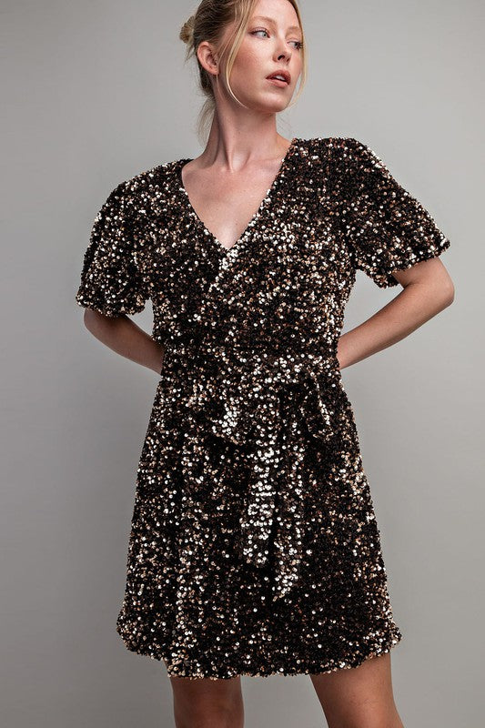 Black Short Sleeve Sequin Wrap Mini Dress – Aquarius Brand