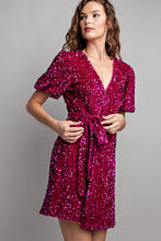 Hot Pink Short Sleeve Sequin Wrap Mini Dress