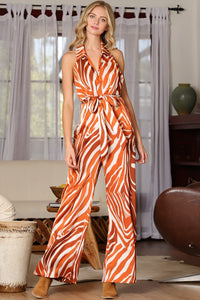 Brick/Rust Halter Backless Belted Jumpsuit