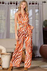 Brick/Rust Halter Backless Belted Jumpsuit