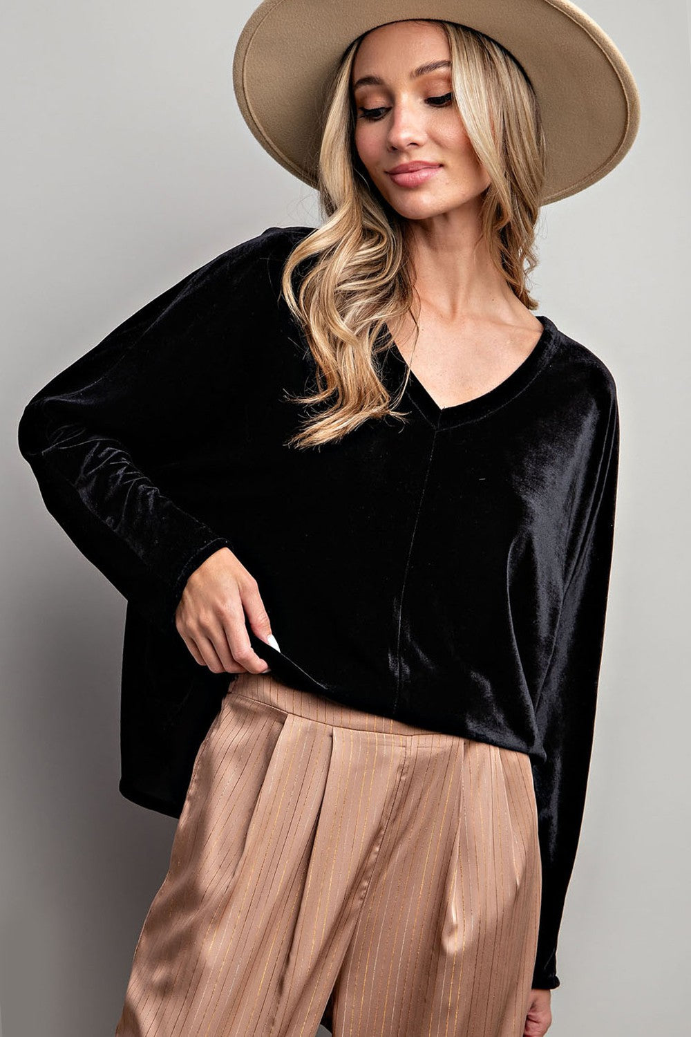 Black Velvet V Neck Blouse Top