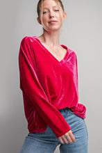 Hot Pink Velvet V Neck Blouse Top