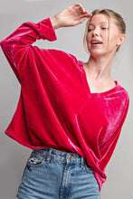 Hot Pink Velvet V Neck Blouse Top