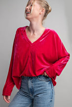 Hot Pink Velvet V Neck Blouse Top