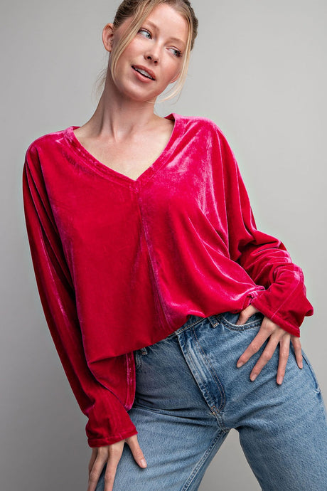 Hot Pink Velvet V Neck Blouse Top