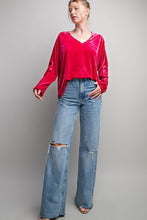 Hot Pink Velvet V Neck Blouse Top