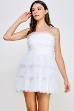 Off White Tiered Rhinestone Tulle Frills Mini Dress