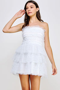 Off White Tiered Rhinestone Tulle Frills Mini Dress