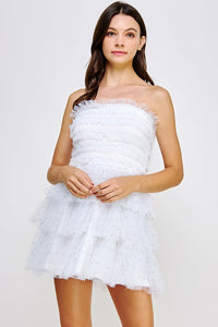 Off White Tiered Rhinestone Tulle Frills Mini Dress