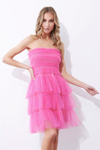 Fuchsia Tiered Rhinestone Tulle Frills Mini Dress