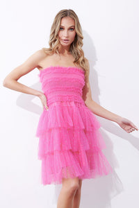 Fuchsia Tiered Rhinestone Tulle Frills Mini Dress