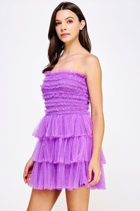Orchid Tiered Rhinestone Tulle Frills Mini Dress
