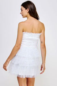 Off White Tiered Rhinestone Tulle Frills Mini Dress