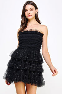 Black Tiered Rhinestone Tulle Frills Mini Dress