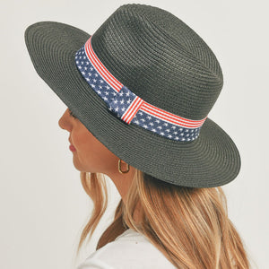 Black American Flag Band Straw Panama Sun Hat
