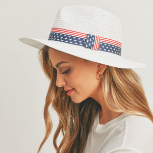 White American Flag Band Straw Panama Sun Hat