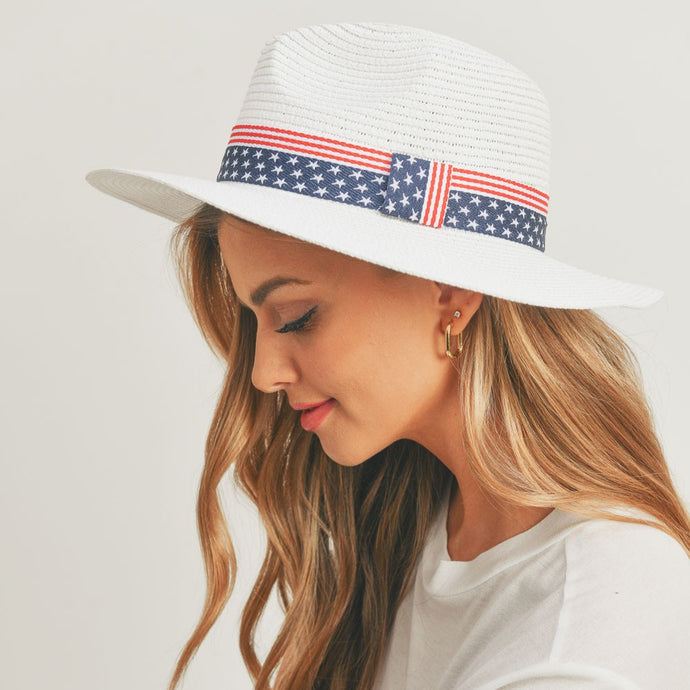 White American Flag Band Straw Panama Sun Hat