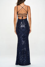 Navy Sequin Back Lace Up Mermaid Maxi Dress