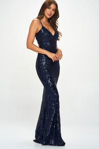 Navy Sequin Back Lace Up Mermaid Maxi Dress