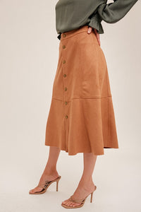 Cocoa Metal Snap Button Closure Faux Suede Midi Skirt