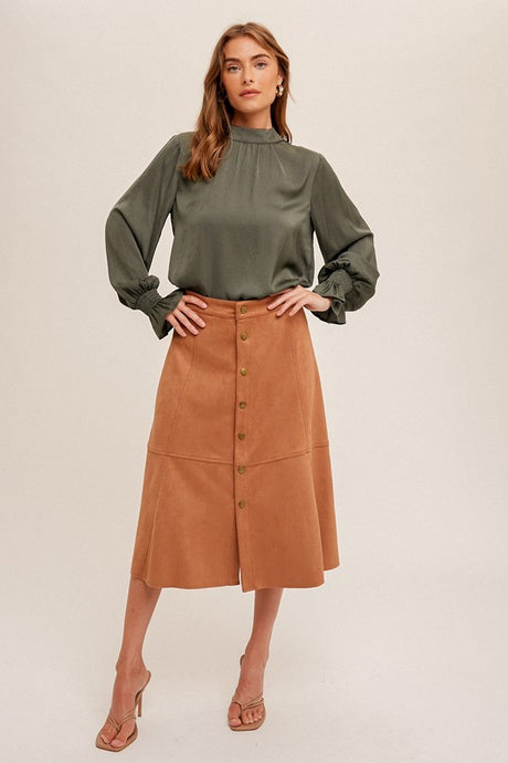Cocoa Metal Snap Button Closure Faux Suede Midi Skirt