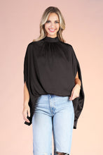Black Washed Poly Silk Mock Neck Caftan Top