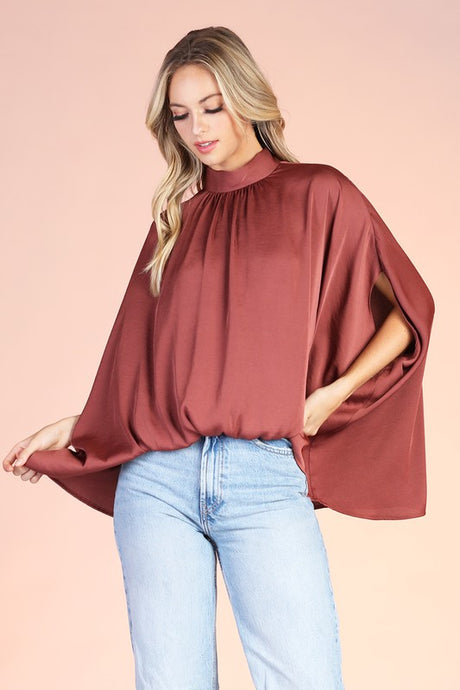 Brown Washed Poly Silk Mock Neck Caftan Top