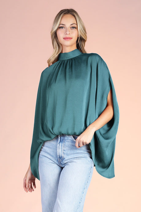 Hunter Green Washed Poly Silk Mock Neck Caftan Top