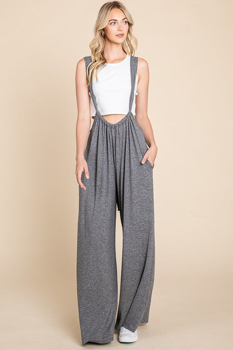 Charcoal Solid Dty Brushed Tie Back Oversized Suspender Jumpsuit