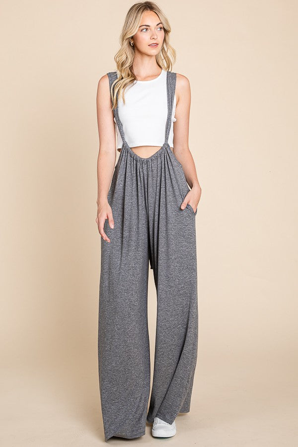 Charcoal Solid Dty Brushed Tie Back Oversized Suspender Jumpsuit