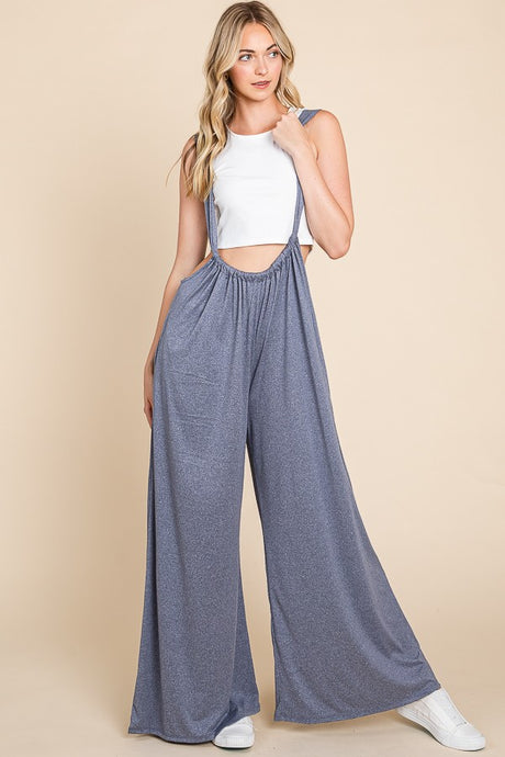 Navy Solid Dty Brushed Tie Back Oversized Suspender Jumpsuit